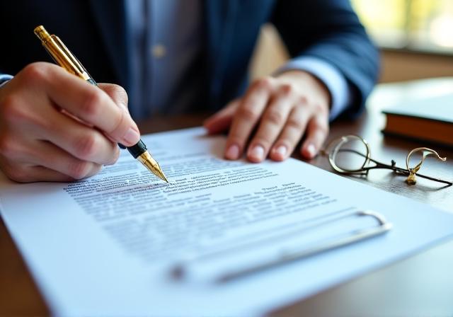Legal professional meticulously reviewing a complex business contract